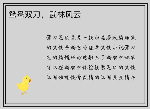 鸳鸯双刀，武林风云